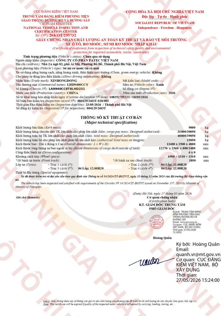 Giấy chứng nhận chất lượng của mooc lồng Xinhongdong xác nặng 9 tấn