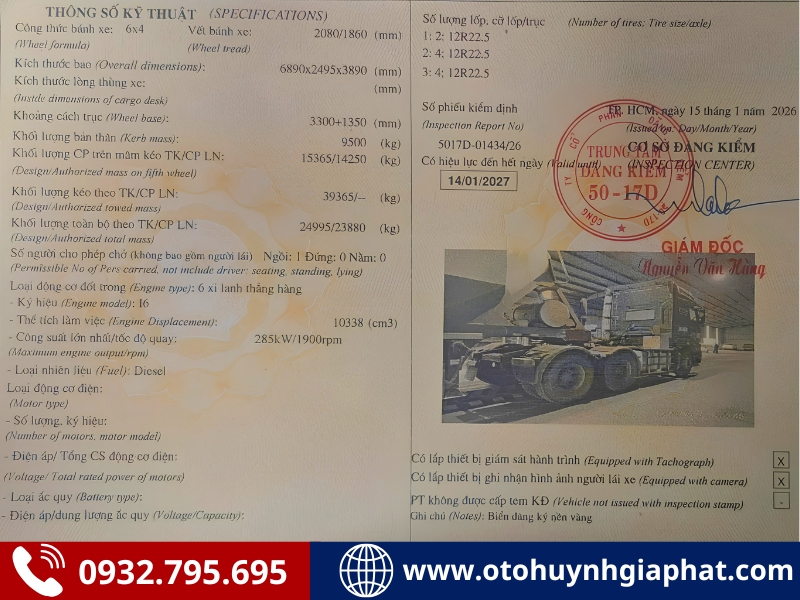 Sổ đăng kiểm của xe đầu kéo Chenglong cũ