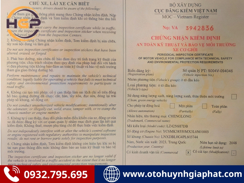 Sổ đăng kiểm của xe đầu kéo Chenglong cũ