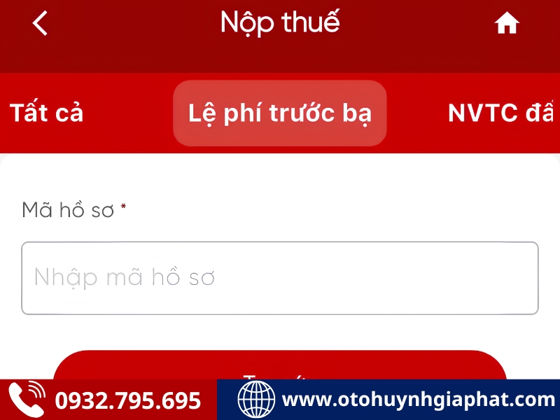 Tìm kiếm và chọn mục - Nộp thuế trước bạ xe