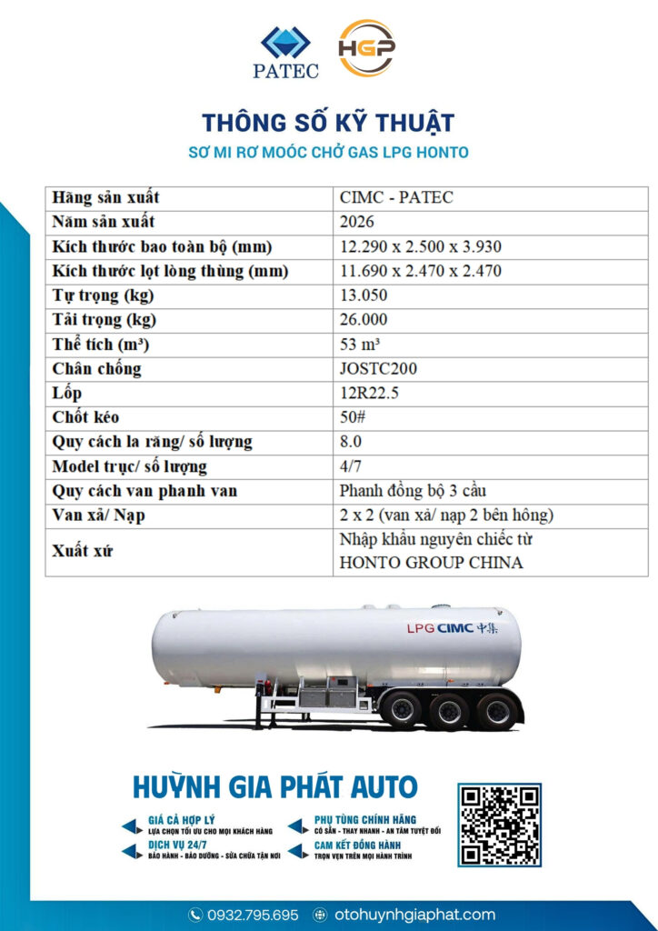 Thông số sơ mi rơ mooc bồn chở Gas LPG HONTO 53 khối