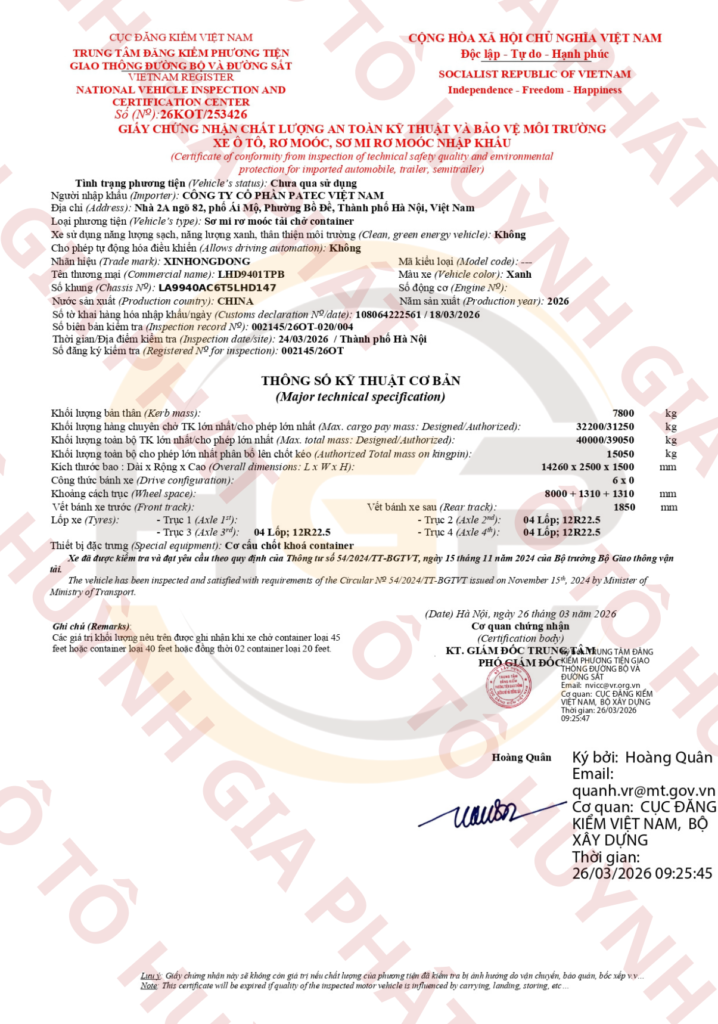 Giấy chứng nhận chất lượng của mooc sàn 45F Xinhongdong - Lốp 12R22.5