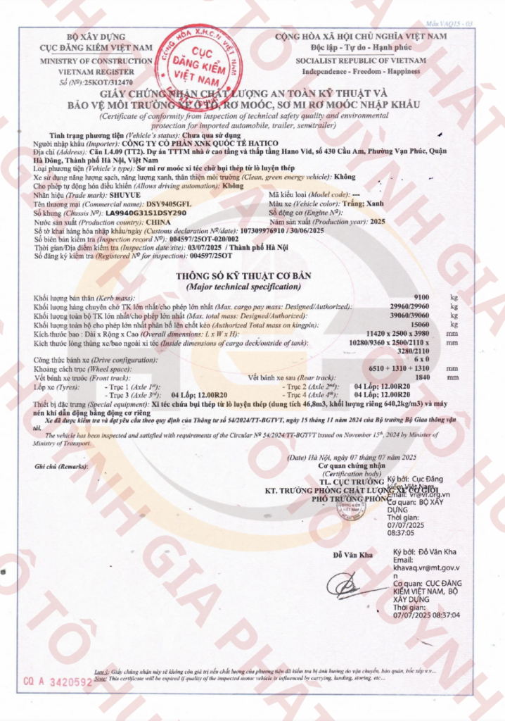 Giấy chứng nhận chất lượng của mooc bồn xi téc Hatico 47m3