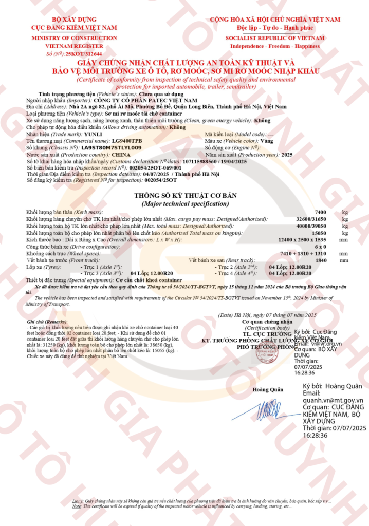 Giấy chứng nhận chất lượng của mooc sàn Yunli 40F - 12.00R20