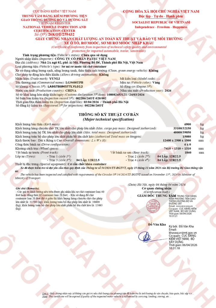 Giấy chứng nhận chất lượng của mooc sàn Yunli 40F - 12R22.5