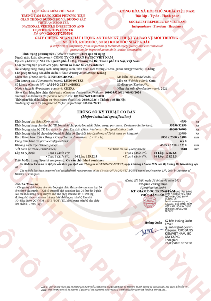 Giấy chứng nhận chất lượng của mooc xương 3T 20F Xinhongdong