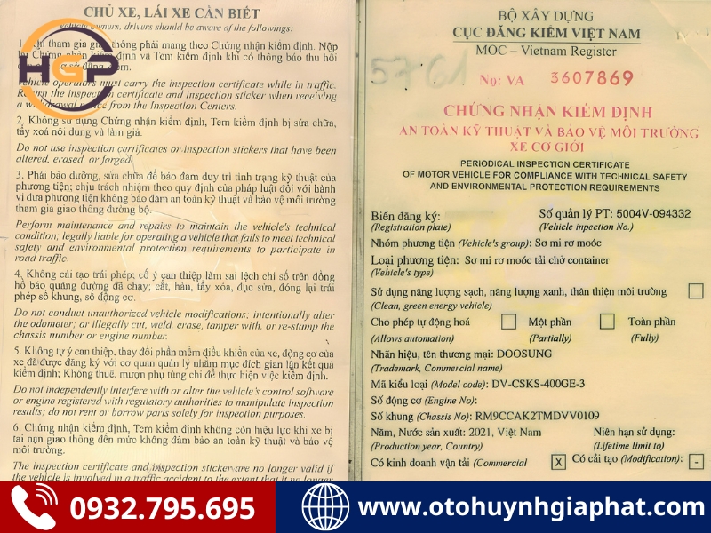 Sổ đăng kiểm của mooc xương Soosan 2021 cũ