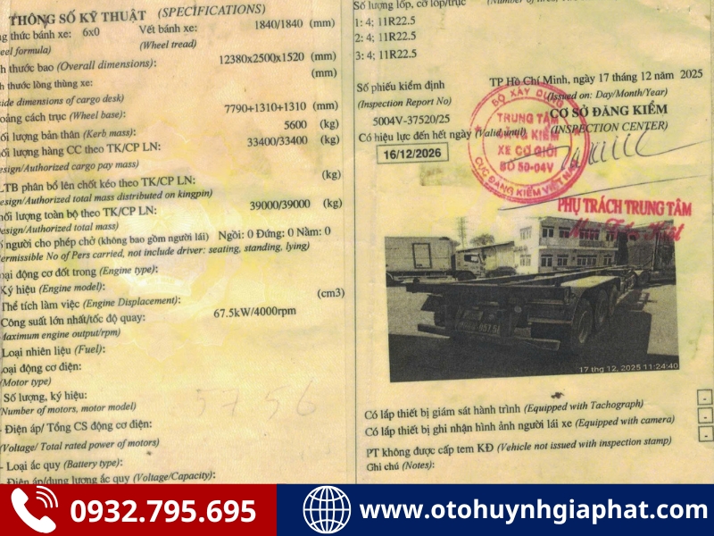 Sổ đăng kiểm của mooc xương KCT 3 trục 40 feet 2020 cũ