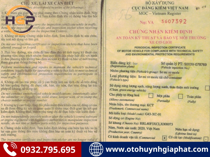 Sổ đăng kiểm của mooc xương KCT 3 trục 40 feet 2020 cũ