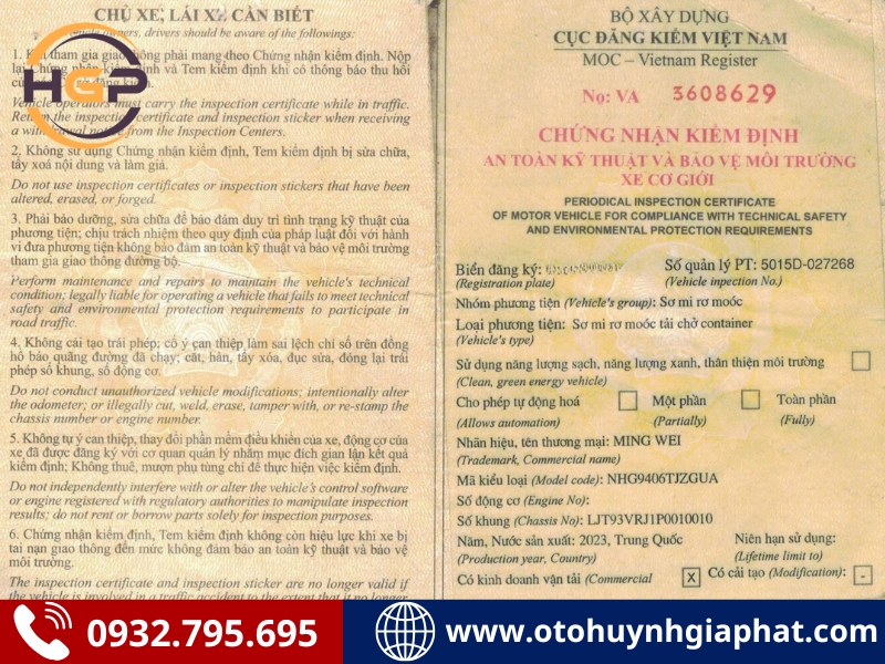 Sổ đăng kiểm của mooc xương Mingwei 3 trục 40 feet 2023 cũ
