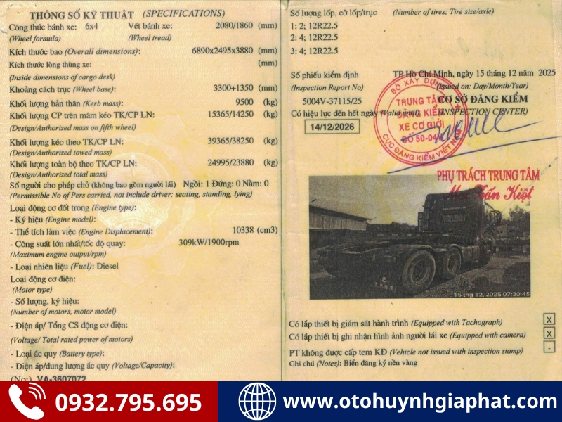 Sổ đăng kiểm của xe đầu kéo Chenglong H7 2022 cũ