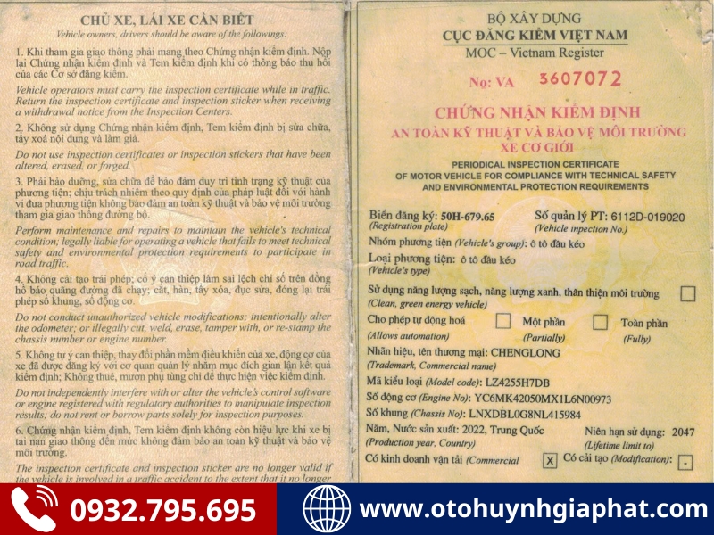 Sổ đăng kiểm của xe đầu kéo Chenglong H7 2022 cũ