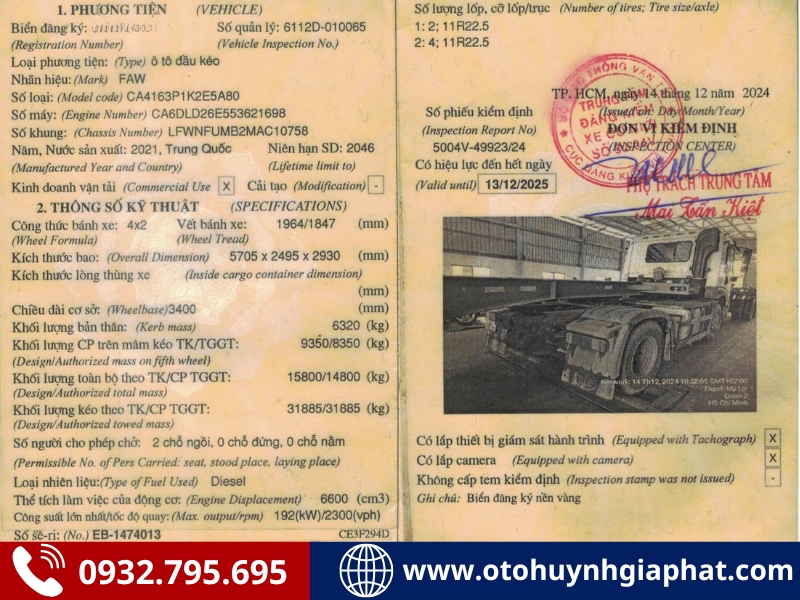 Sổ đăng kiểm của xe đầu kéo Faw 1 cầu 260HP 2021 cũ
