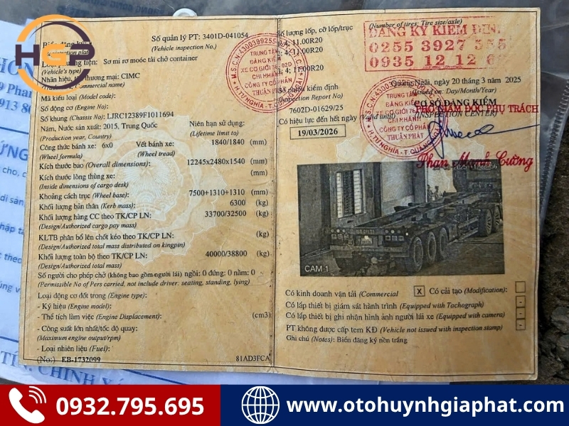 Đăng kiểm của mooc xương Cimc 3 trục 40 feet cũ