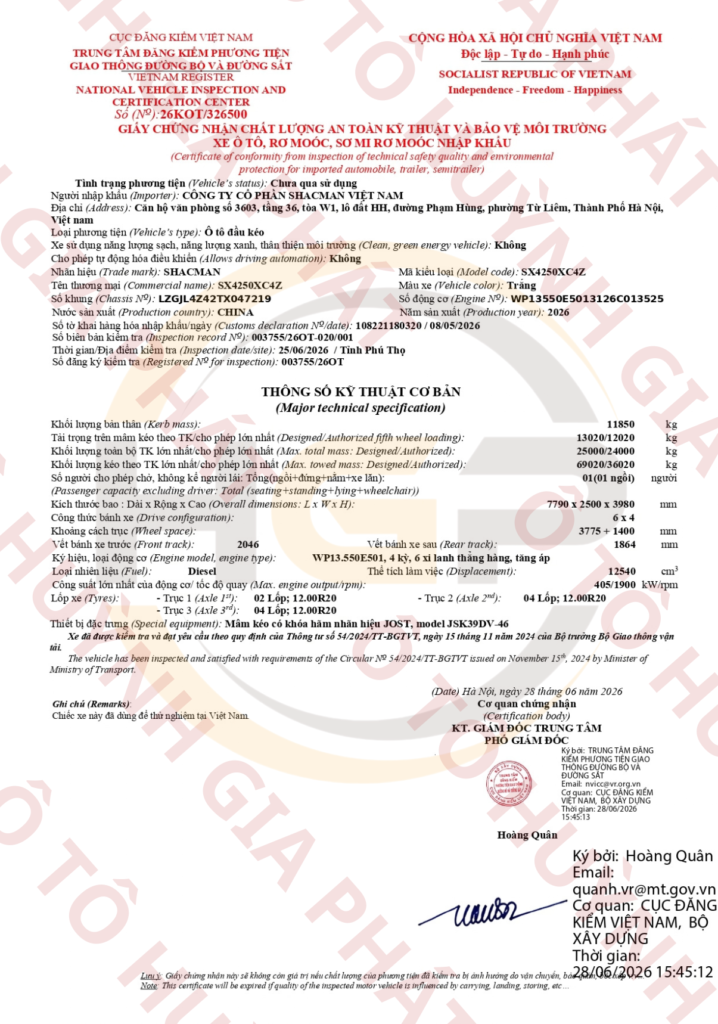 Giấy chứng nhận chất lượng của xe đầu kéo Shacman X5000 550HP