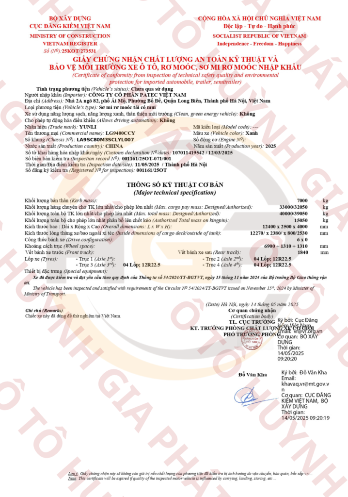 Giấy chứng nhận chất lượng của mooc lồng YUNLI cao 4 mét