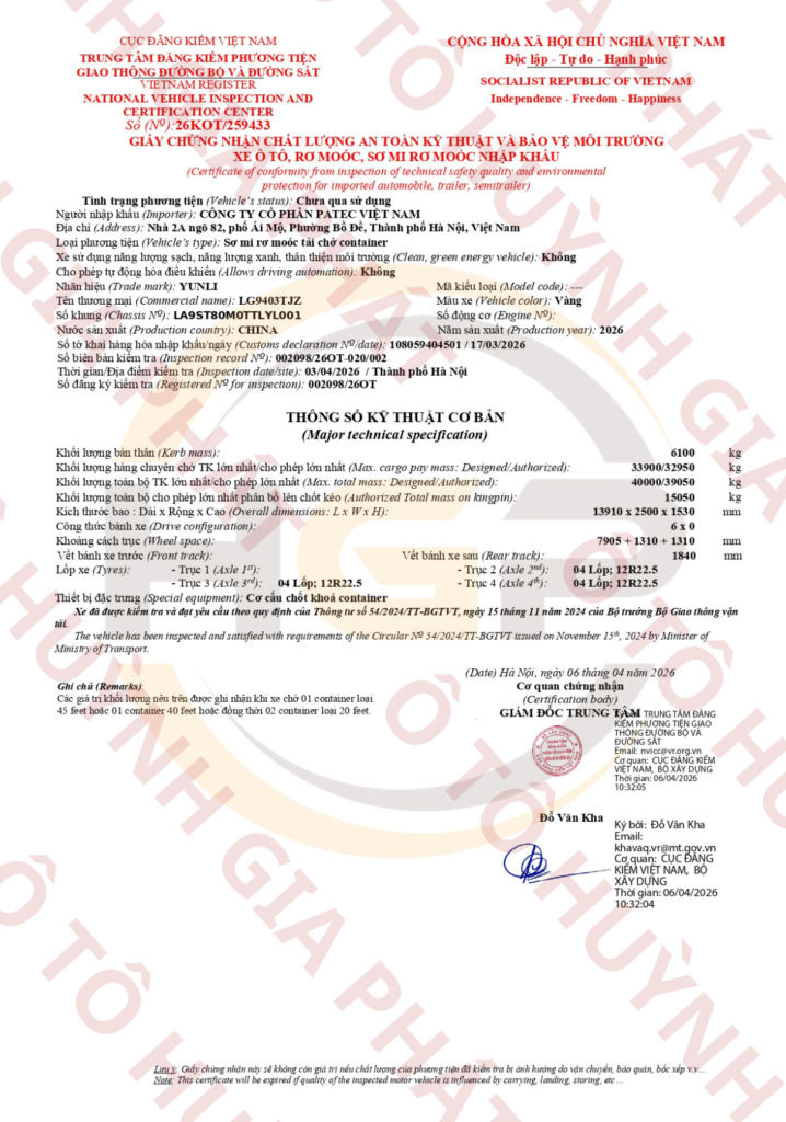 Giấy chứng nhận chất lượng của mooc xương YUNLI 45F - Lốp 12R22.5
