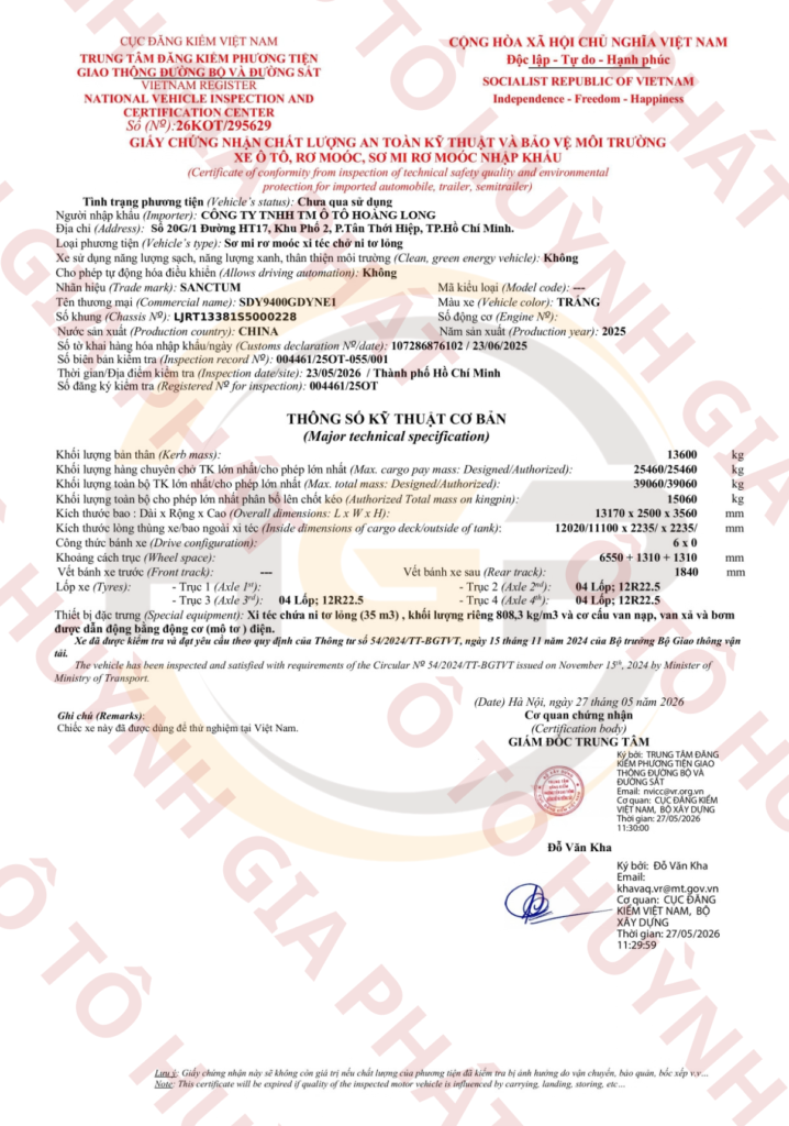 Giấy chứng nhận chất lượng mooc bồn xi téc chở khí ni tơ lỏng 35m3