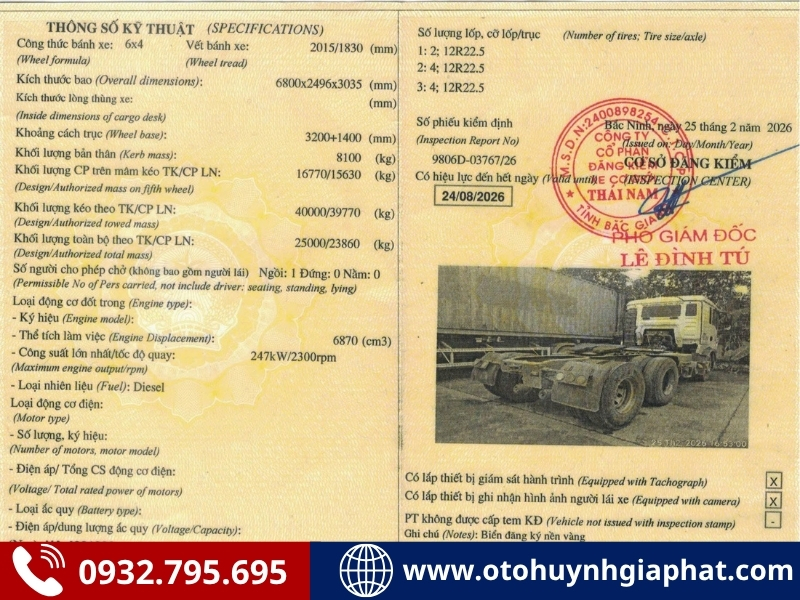 Sổ đăng kiểm của xe Howo T5G 340HP cũ