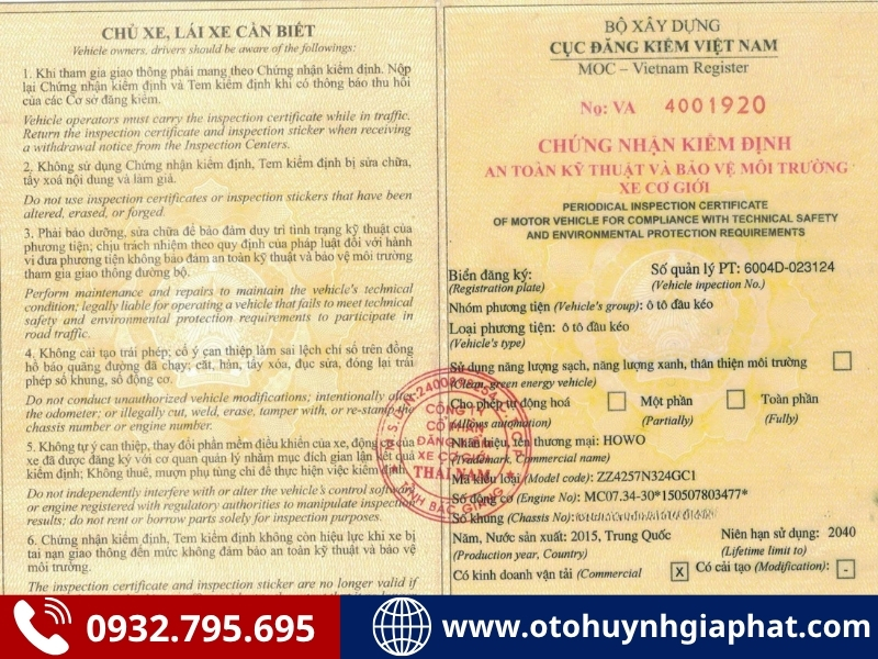 Sổ đăng kiểm của xe Howo T5G 340HP cũ
