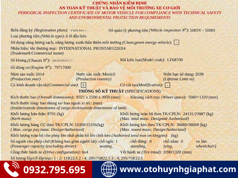 Sổ đăng kiểm của xe đầu kéo Mỹ International 2014 cũ