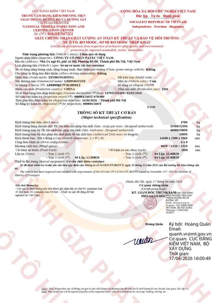 Giấy chứng nhận chất lượng của mooc cổ cò Xinhongdong 45 feet tự trọng nặng