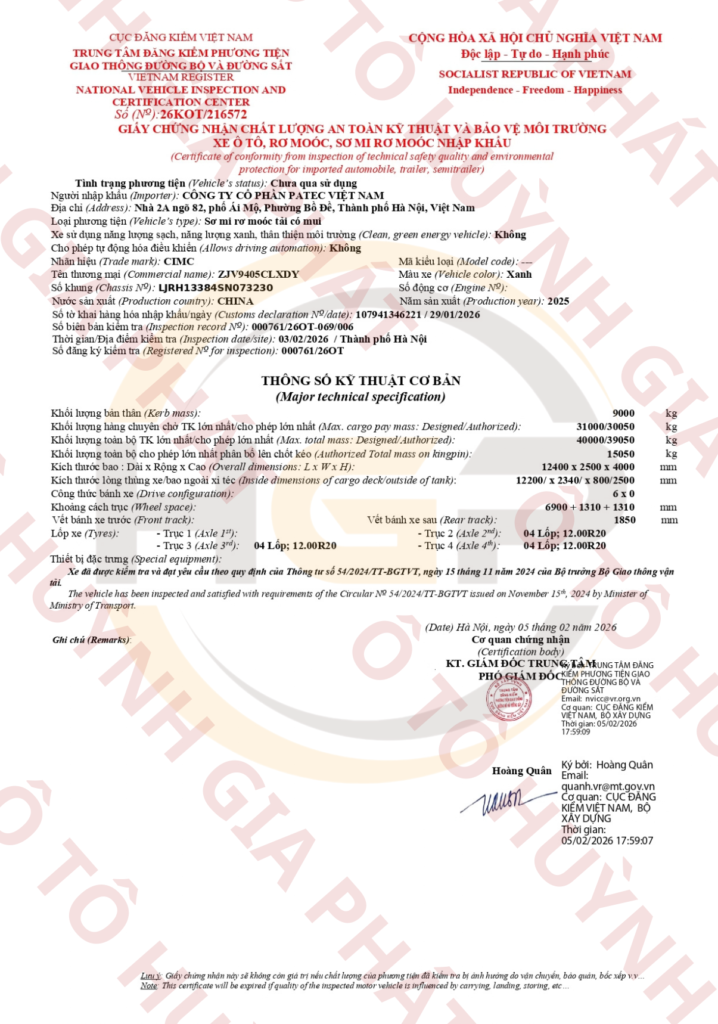 Giấy chứng nhận chất lượng của mooc lồng CIMC Dongyue nặng 9 tấn cao 4m