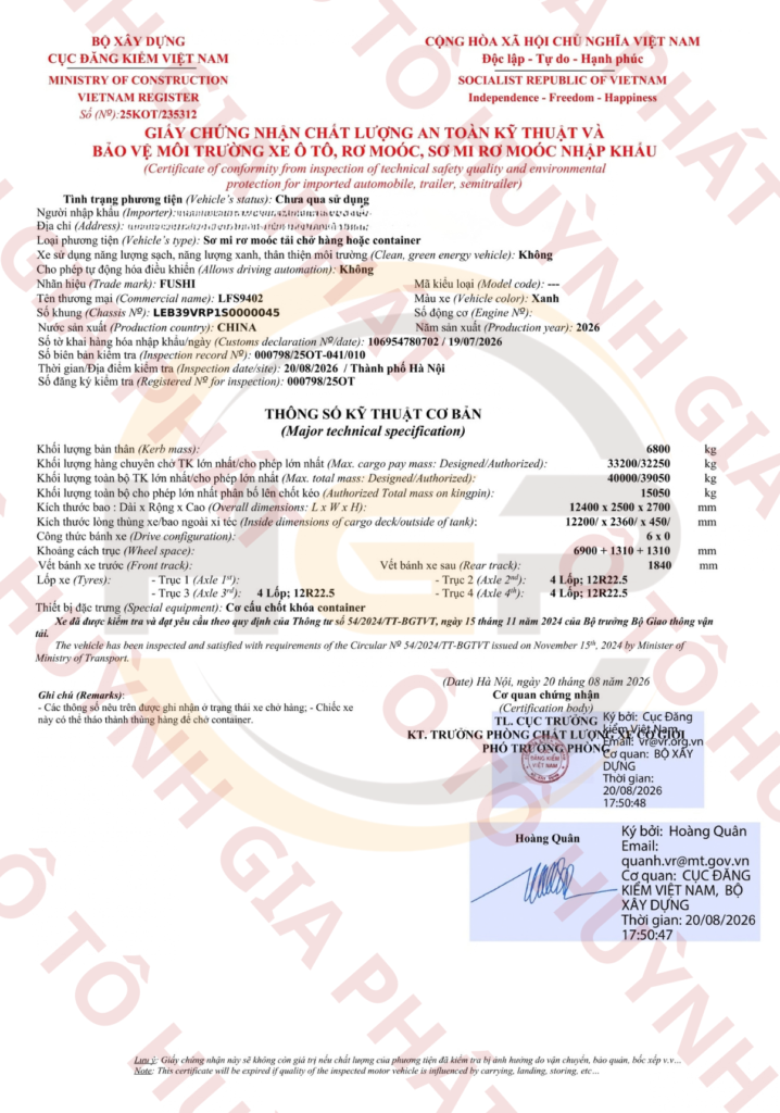 Giấy chứng nhận chất lượng của mooc lửng mở bửng FUSHI
